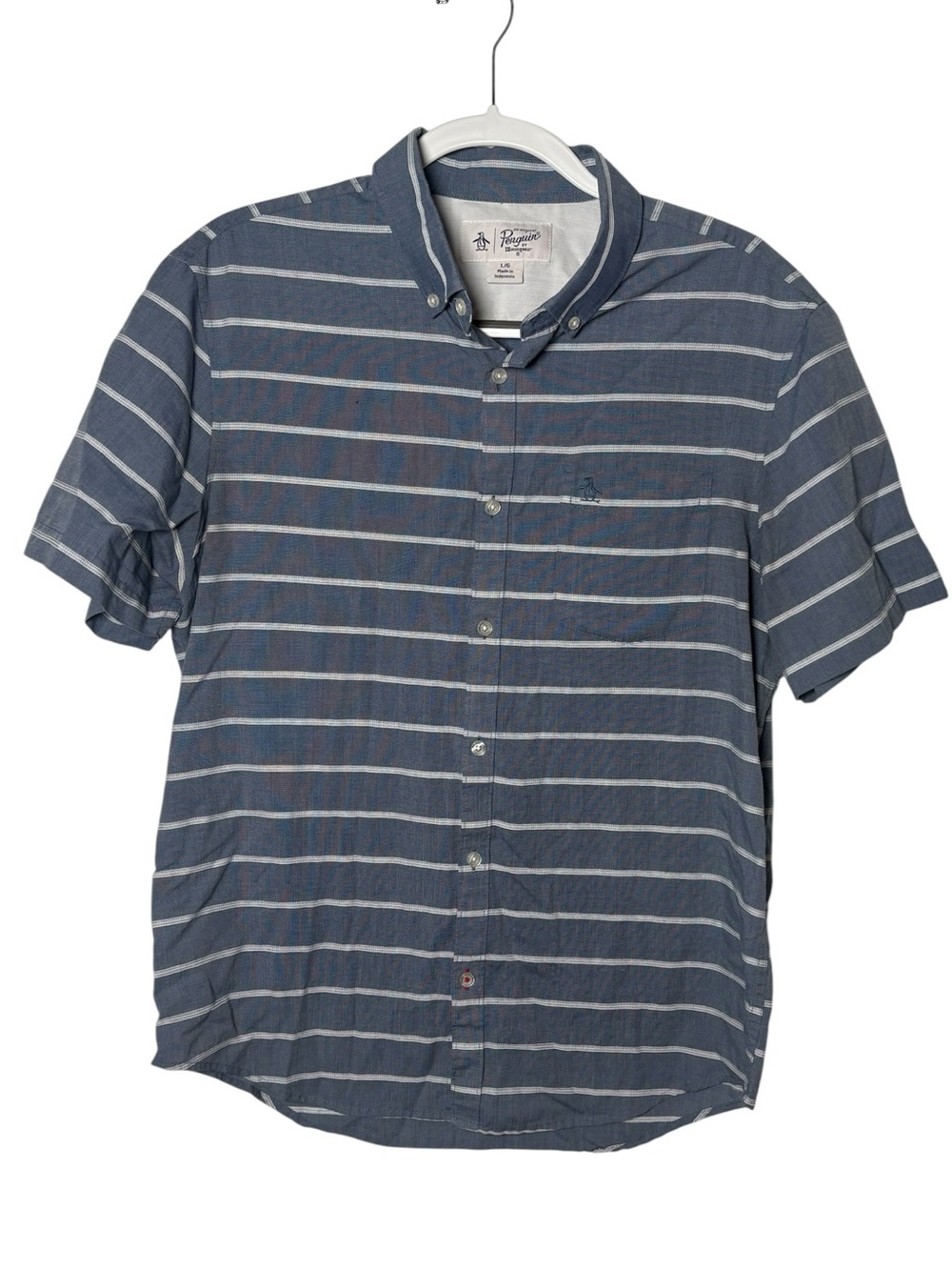 Original Penguin Blue Stripe Button Down Shirt Men’s Large Short Sleeve Casual
